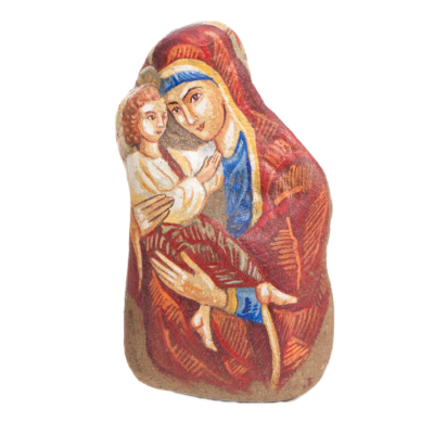 Matka Boska z Dzieciątkiem malowana na kamieniu.